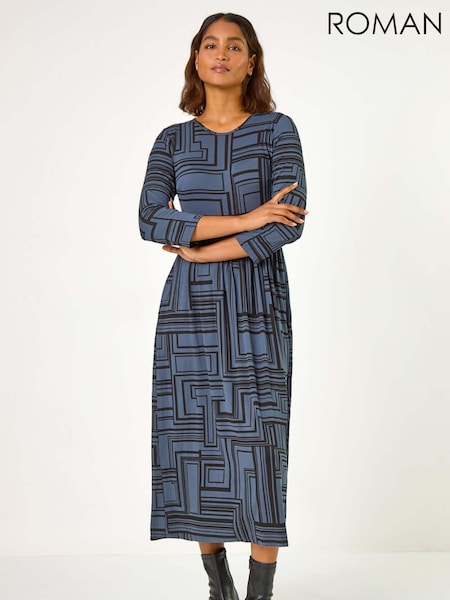 Roman Grey Linear Print Pocket Stretch Midi Dress (AH1043) | €53