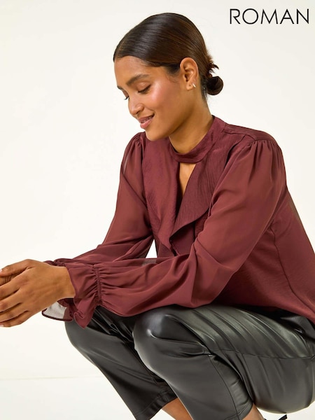 Marrón - Roman Ruffle Front Keyhole Satin Top (AH1046) | 57 €
