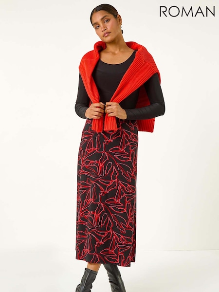 Roman Leaf Print Stretch A-Line Midi Skirt (AH1052) | ‏201‏₪