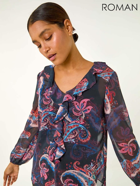 Roman Purple Paisley Print Frill Top (AH1059) | AED291