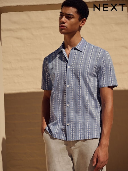 Blue Textured Stripe 100% Cotton Short Sleeve Shirt (AH1066) | €36