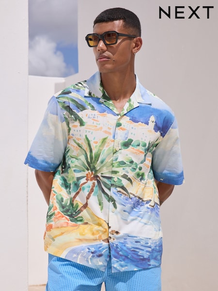Multi Watercolour Scenic Printed Short Sleeve Shirt (AH1069) | R$ 365