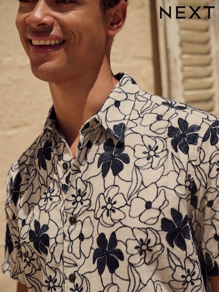 Blue Embroidered Floral Short Sleeve Shirt (AH1076) | €40