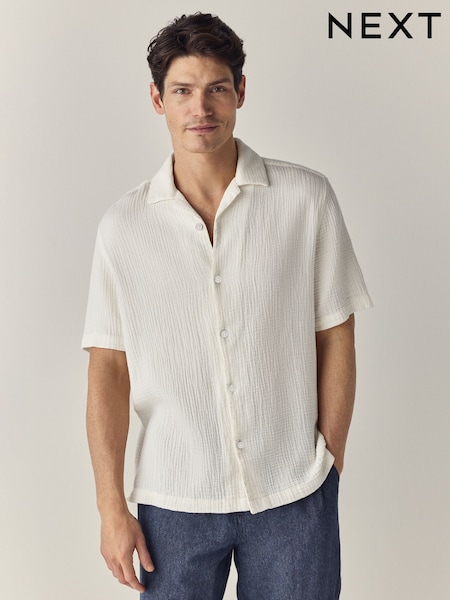White 100% Cotton Relaxed Fit Short Sleeve Cheesecloth Shirt (AH1077) | AED131
