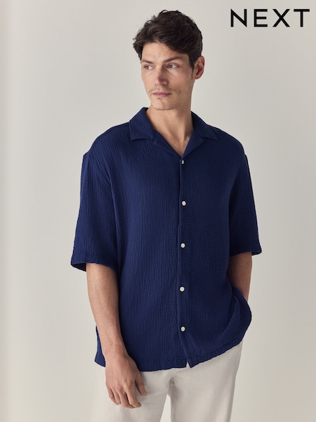 Navy Blue 100% Cotton Relaxed Fit Short Sleeve Cheesecloth Shirt (AH1087) | €34
