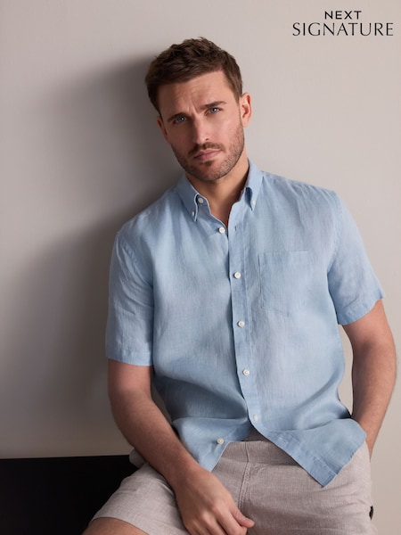Light Blue Signature 100% Linen Short Sleeve Shirt (AH1091) | €51