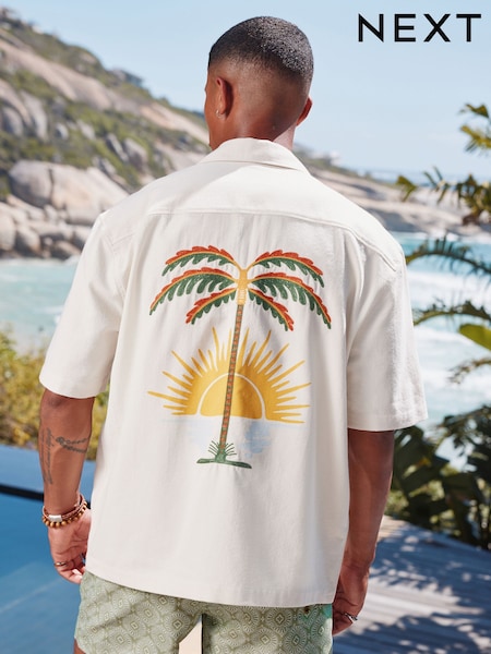 Cream Palm Embroidered Short Sleeve 100% Cotton Shirt (AH1093) | €40