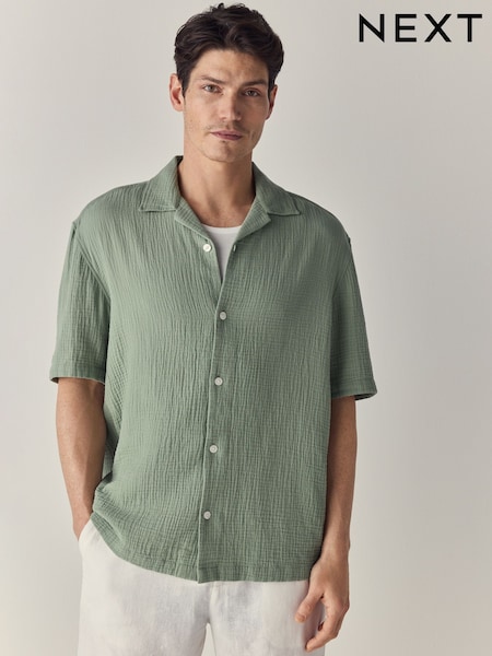 Green 100% Cotton Relaxed Fit Short Sleeve Cheesecloth Shirt (AH1096) | €34