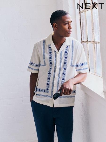 Ecru Embroidered Short Sleeve Shirt (AH1097) | R$ 365