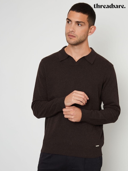 بني - Threadbare Trophy Neck Knitted Long Sleeve Polo Shirt (AH1180) | ‏70 د.إ.‏