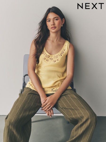 Yellow/Cream Satin Lace Insert Scoop Cami Top (AH1210) | 1,060 UAH