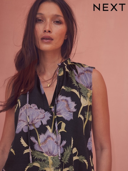 Kew Collection Navy Floral Halter Tie Neck Sleeveless Top With Linen (AH1214) | €38