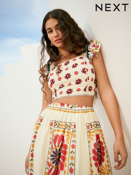 Cream Embroidered Frill Sleeve Square Neck Cami 100% Cotton Top (AH1216) | 1,343 UAH