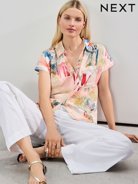 Pink Scenic Print Short Sleeve Shirt with Linen (AH1267) | 989 UAH