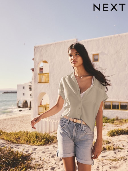 Khaki Green Short Sleeve Shirt With Linen (AH1268) | $51