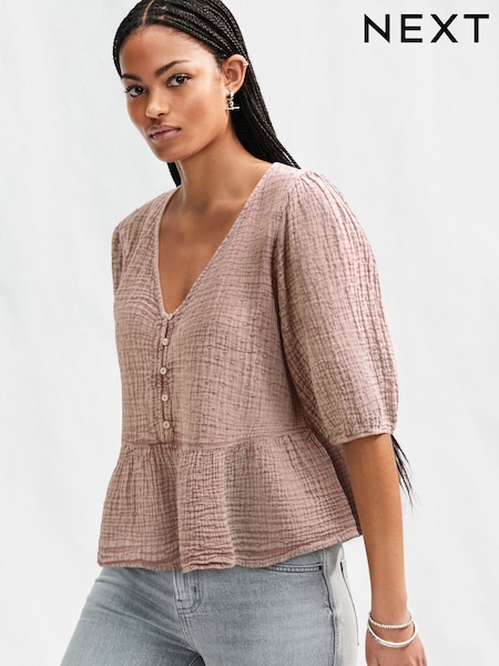 Dark Pink Puff Short Sleeve Doublecloth 100% Cotton Blouse (AH1279) | €41.50