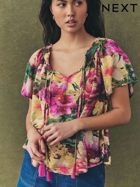 Multi Floral Print Short Sleeve Tie Neck Bardot Top (AH1286) | €29