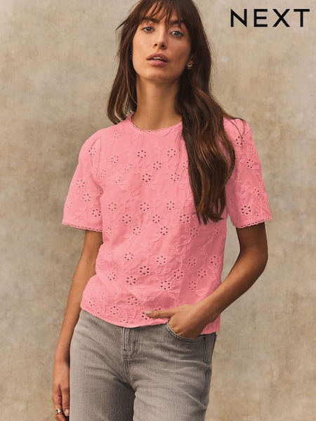 Zartrosa - Kurzärmelige Bluse aus 100 % Baumwolle mit strukturiertem floralem Muster und Cornelli-Stickerei (AH1288) | 58 €