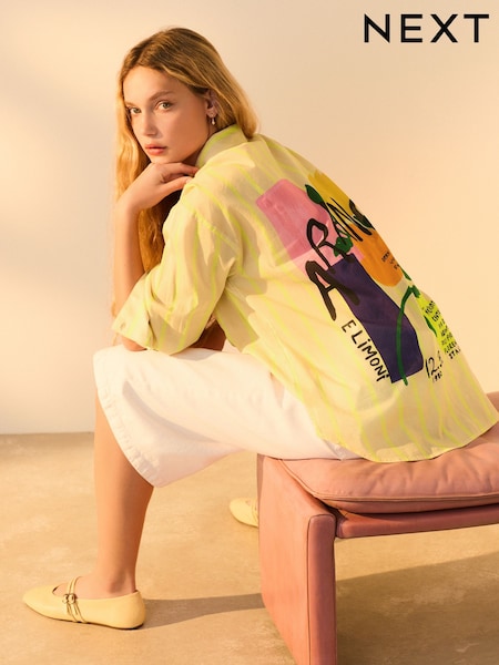 Yellow Stripe Graphic Long Sleeve 100% Cotton Relaxed Lightweight Shirt (AH1298) | kr459