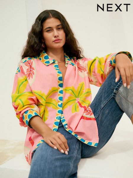 Pink Placement Palm Print Long Sleeve 100% Cotton Relaxed Lightweight Shirt (AH1304) | TRY 1.279