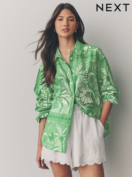 Green Placement Tile Print Long Sleeve 100% Cotton Relaxed Lightweight Shirt (AH1308) | SGD 66