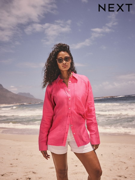 Fuschia Pink 100% Linen Button Down Relaxed Long Sleeve Shirt (AH1316) | €51