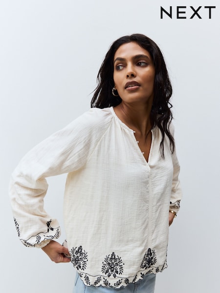 Cream/Black Long Sleeve Embroidered Scallop Hem Blouse (AH1330) | 1,378 UAH