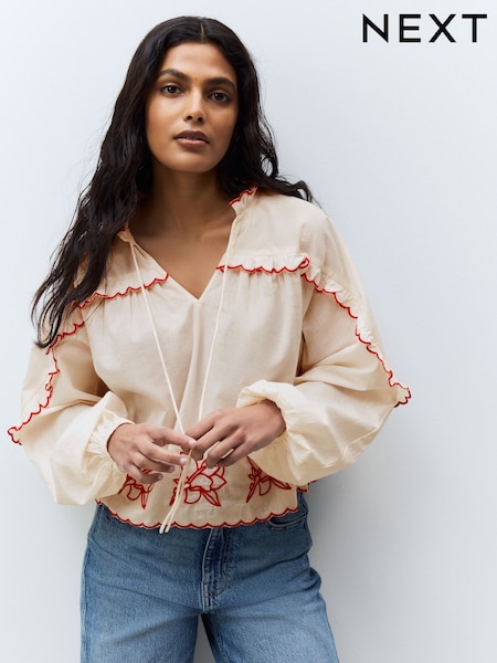 Cream/Punainen - Embriodered Long Sleeve 100% Cotton Blouse (AH1333) | €53
