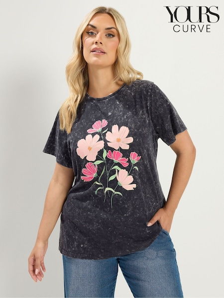 Grey - Yours Curve Acid Wash Flower T-shirt
