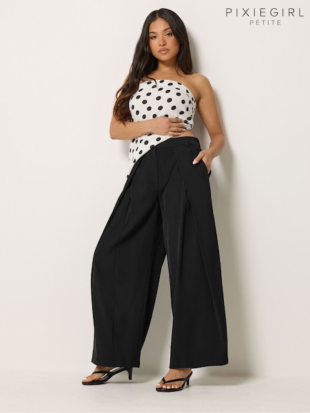 Black - Pixiegirl Petite Wrap Pleated Wide Leg Trousers