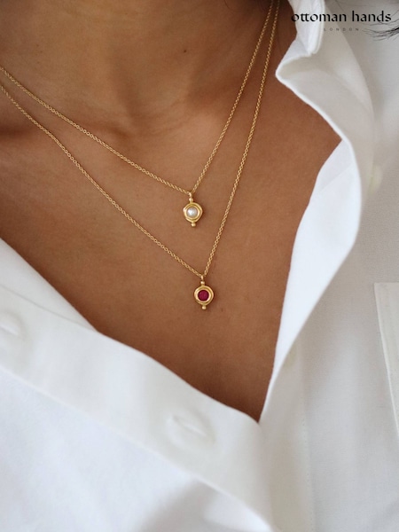 Gold Tone July - Ottoman Hands Birthstone Pendant Necklace