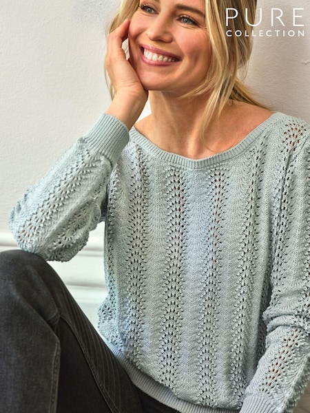 Pure Collection Blue 100% Cotton Metallic Fibre Fan Stitch crochet With Gross Grain (AH3413) | €126