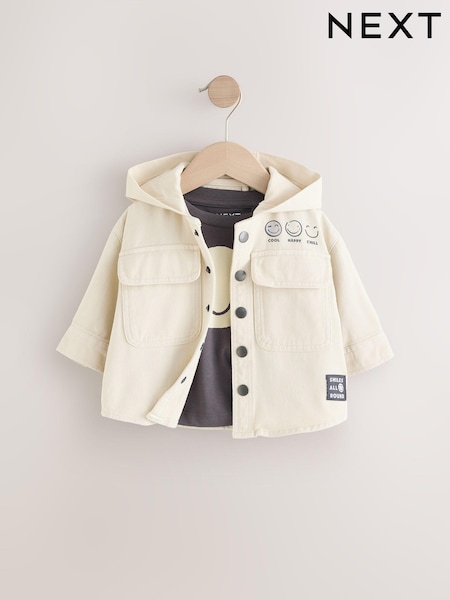 Bež - 100% Cotton Twill Hooded Overshirt And T-shirt Set (3mths-7yrs) (AH3452) | € 22 - € 27