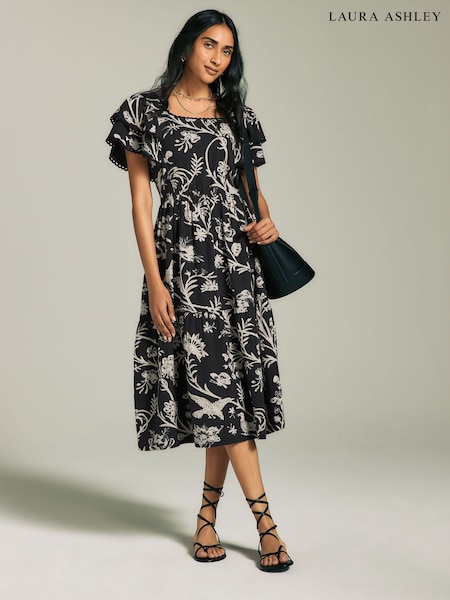 Laura Ashley Shepherds Purse Floral Print Ruffle Sleeve 100% Cotton Dress with Lace Trims (AH3494) | €53