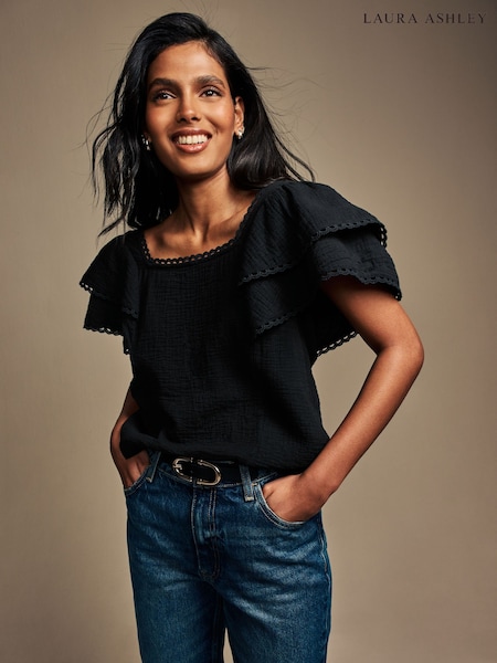 Laura Ashley Black Ruffle Sleeve 100% Cotton Top with Lace Trims (AH3506) | $48