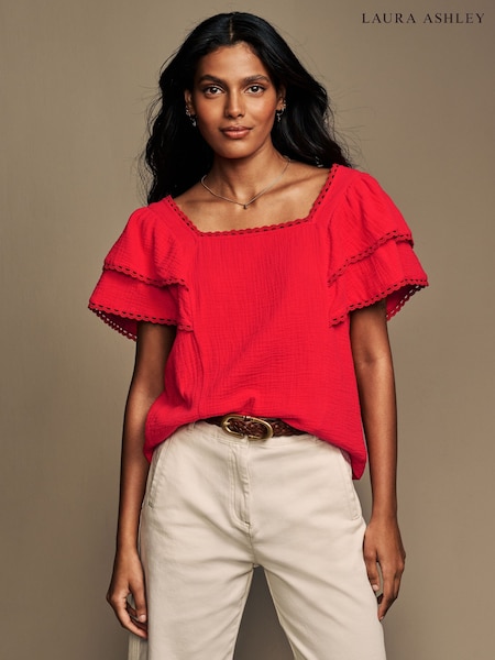 Laura Ashley Red Ruffle Sleeve 100% Cotton Top with Lace Trims (AH3507) | $48
