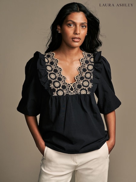 Laura Ashley Black Broderie Frill 100% Cotton Blouse (AH3510) | ₪181