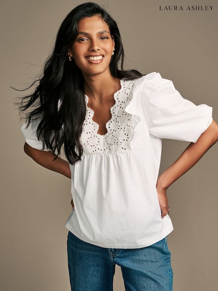 Laura Ashley White Broderie Frill 100% Cotton Blouse (AH3512) | ₪181