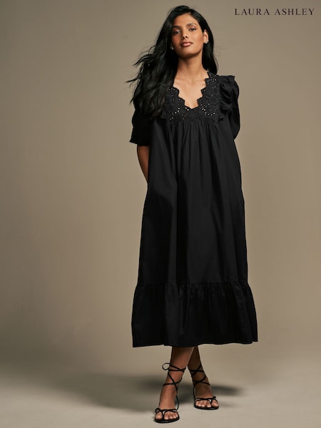 Laura Ashley Black Broderie Frill 100% Cotton Dress (AH3518) | €63