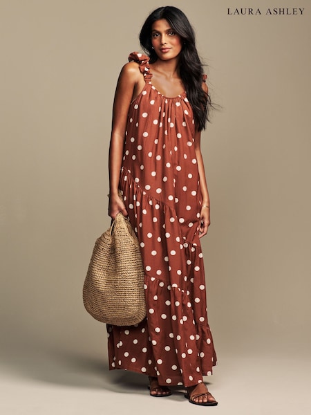 Laura Ashley Rust Brown Floral Print Bubble Strap Maxi Dress (AH3524) | 322 QAR