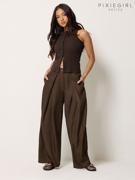 Brown - Pixiegirl Petite Wrap Pleated Wide Leg Trousers