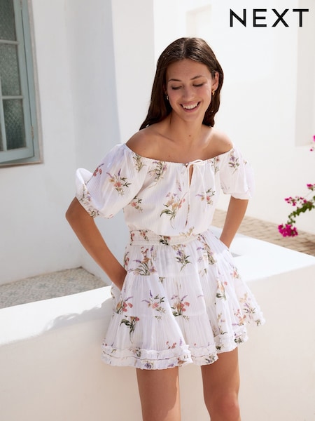 Valkoinen maaperä - Textured Off Shoulder 100% Cotton Mini Skort (AH3622) | €67