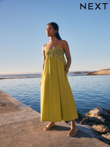Lime Green Embroidered Palm 100% Cotton Midi Dress (AH3624) | €55