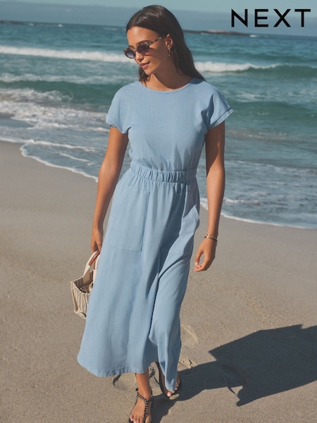Blue 100% Cotton Summer Midi T-Shirt Dress (AH3635) | $29