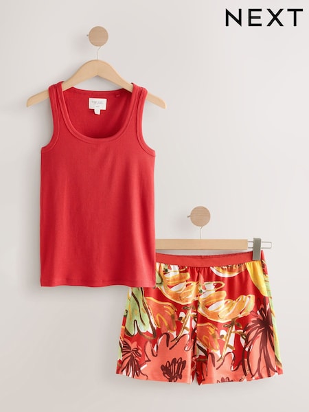 Red Floral Cotton Rib Vest Short Set Pyjamas (AH3674) | ₪53