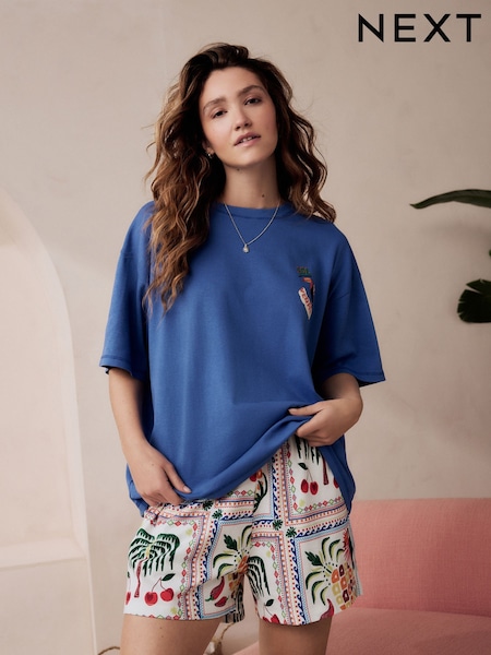 Синий с туканами - 100% Cotton Graphic Short Sleeve Pyjamas (AH3678) | €22