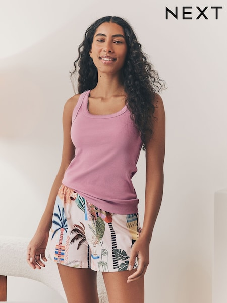 Pink Palm Cotton Rib Vest Short Set Pyjamas (AH3681) | ₪53