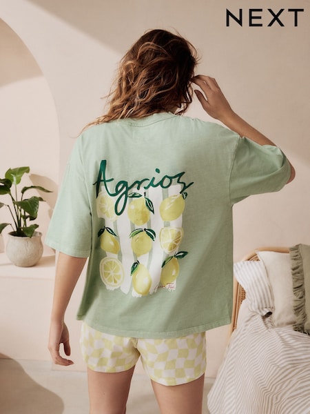 Sage Green Lemons 100% Cotton Graphic Short Sleeve Pyjamas (AH3695) | €25