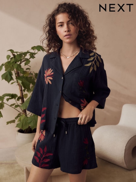 מעוטר בצבע כחול כהה - 100% Cotton Crinkle Button Through Short Set Pyjamas (AH3702) | ‏154‏₪