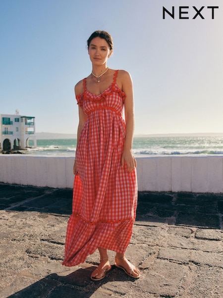 Pink/Red 100% Cotton Textured Tiered Gingham Maxi Dress (AH4000) | LEI 313